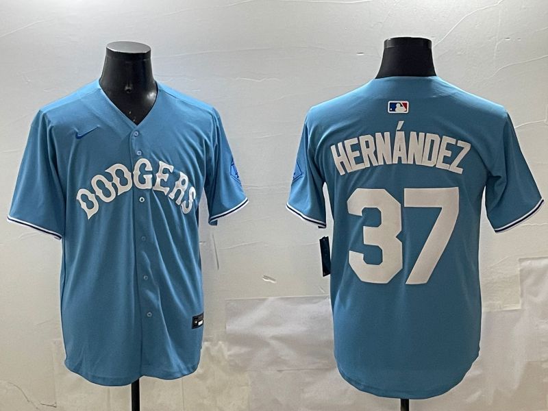 Men Los Angeles Dodgers 37 Hernandez Light Blue Joint Name 2025 Nike MLB Jersey style 13